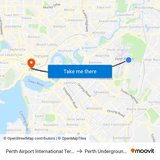 Perth Airport International Terminal T1 T2 to Perth Underground Station map