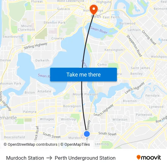 Murdoch Station to Perth Underground Station map