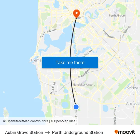 Aubin Grove Station to Perth Underground Station map