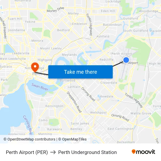 Perth Airport (PER) to Perth Underground Station map
