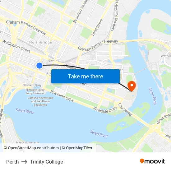 Perth to Trinity College map