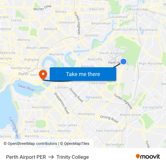 Perth Airport PER to Trinity College map