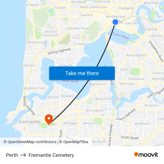 Perth to Fremantle Cemetery map