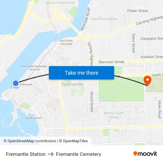 Fremantle Station to Fremantle Cemetery map