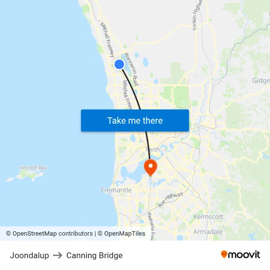 Joondalup to Canning Bridge map