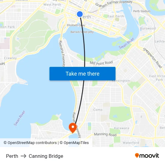 Perth to Canning Bridge map