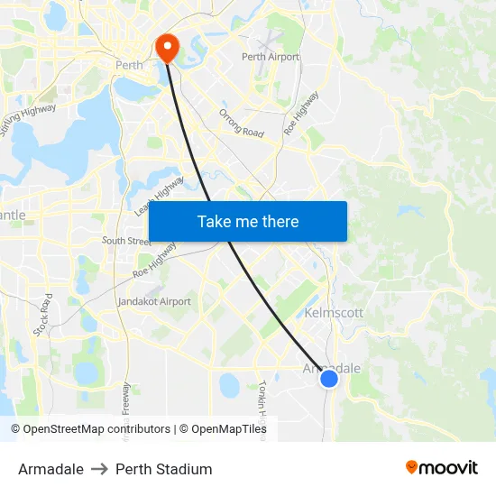 Armadale to Perth Stadium map