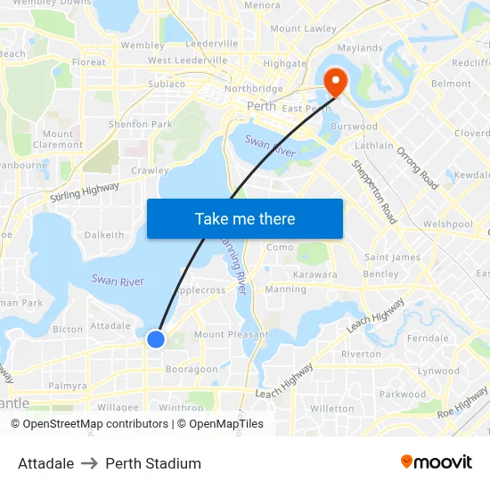 Attadale to Perth Stadium map
