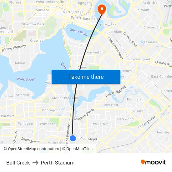 Bull Creek to Perth Stadium map