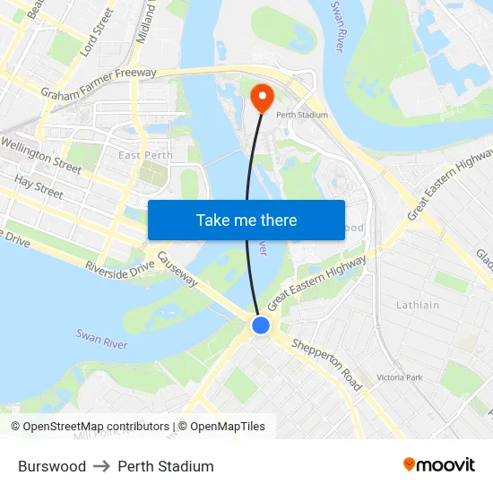 Burswood to Perth Stadium map