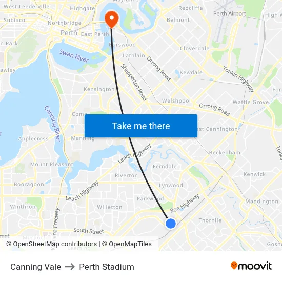 Canning Vale to Perth Stadium map