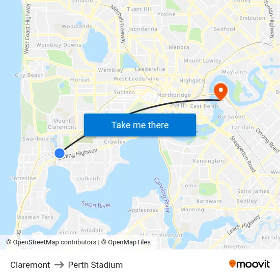 Claremont to Perth Stadium map