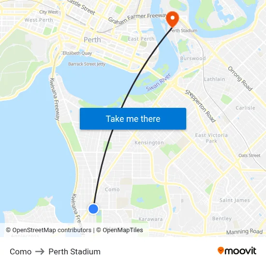 Como to Perth Stadium map