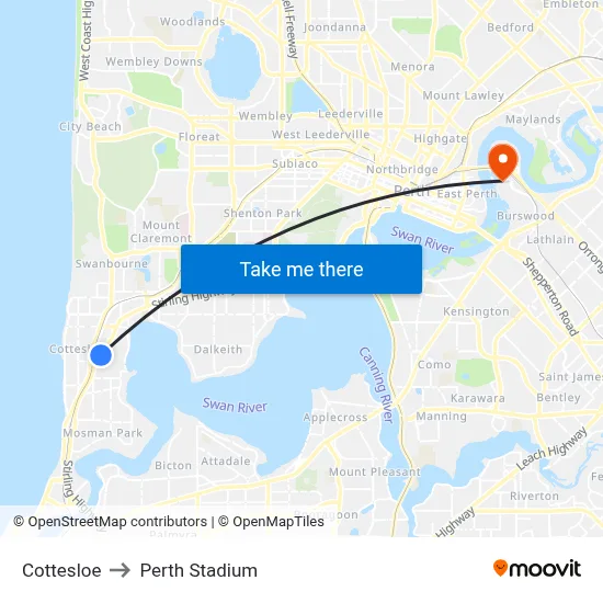 Cottesloe to Perth Stadium map