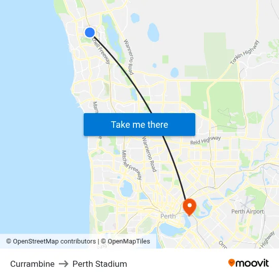 Currambine to Perth Stadium map