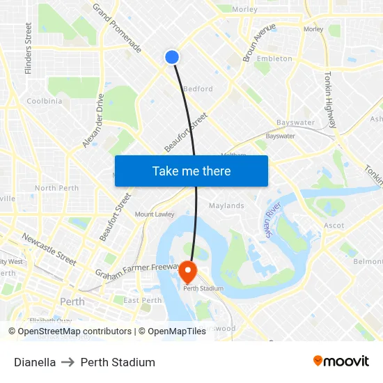 Dianella to Perth Stadium map