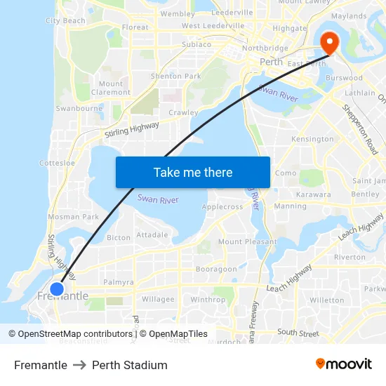 Fremantle to Perth Stadium map