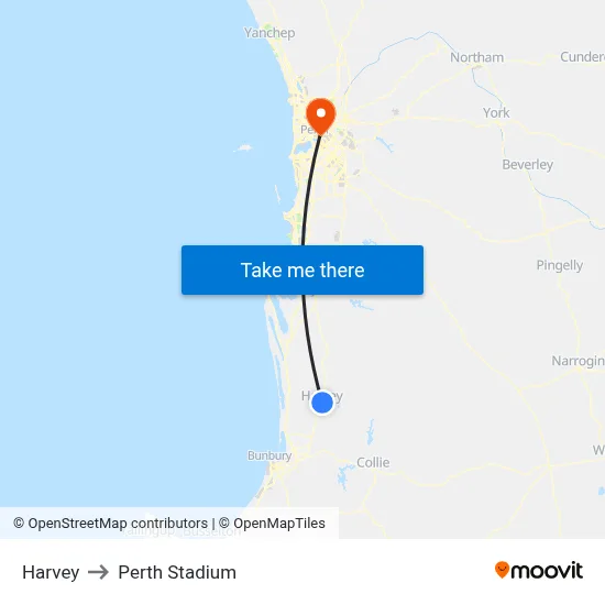 Harvey to Perth Stadium map