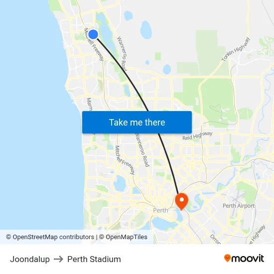 Joondalup to Perth Stadium map