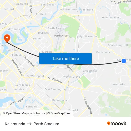 Kalamunda to Perth Stadium map
