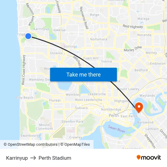 Karrinyup to Perth Stadium map