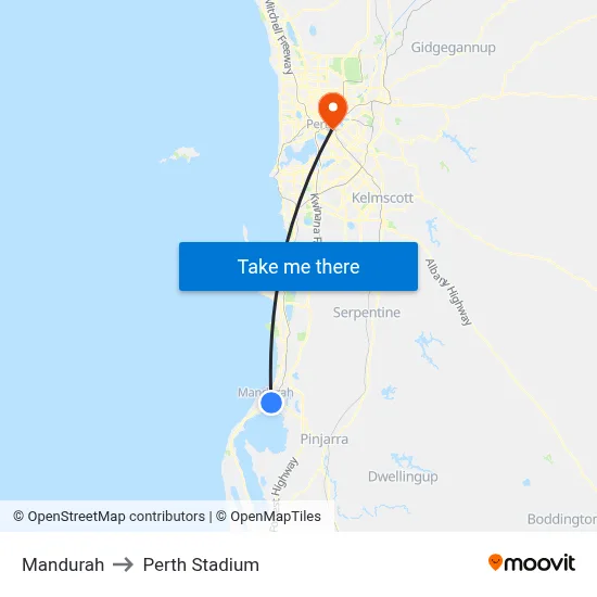 Mandurah to Perth Stadium map