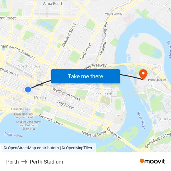 Perth to Perth Stadium map