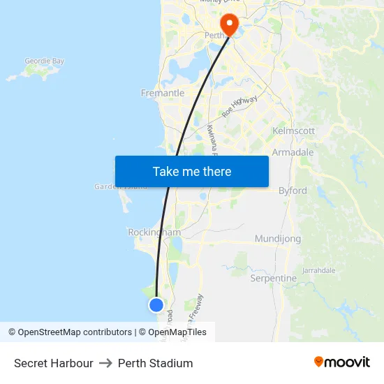 Secret Harbour to Perth Stadium map