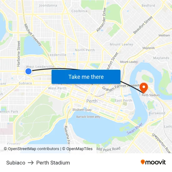 Subiaco to Perth Stadium map