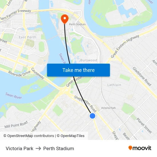 Victoria Park to Perth Stadium map