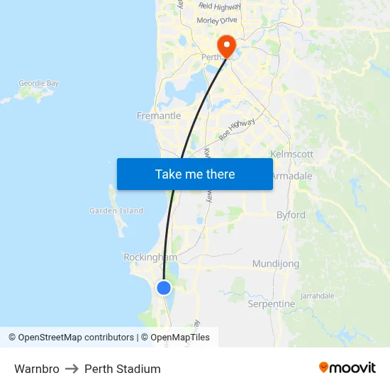 Warnbro to Perth Stadium map