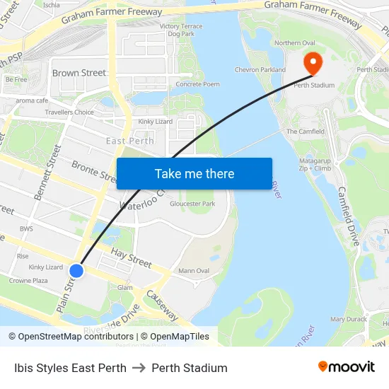Ibis Styles East Perth to Perth Stadium map