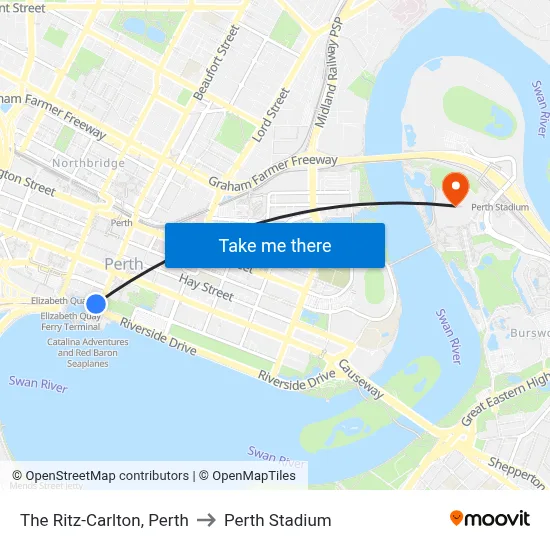 The Ritz-Carlton, Perth to Perth Stadium map