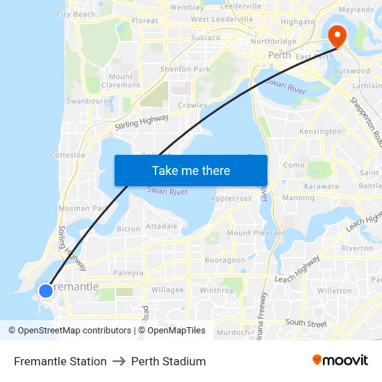 Fremantle Station to Perth Stadium map
