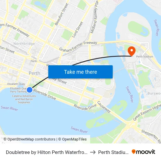 Doubletree by Hilton Perth Waterfront to Perth Stadium map