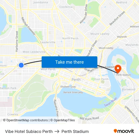 Vibe Hotel Subiaco Perth to Perth Stadium map