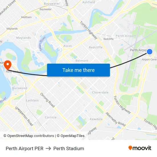 Perth Airport PER to Perth Stadium map