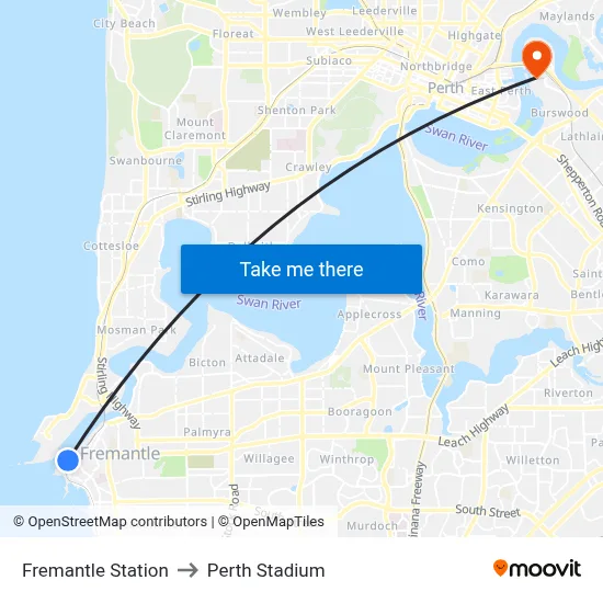 Fremantle Station to Perth Stadium map