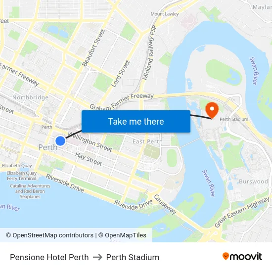 Pensione Hotel Perth to Perth Stadium map