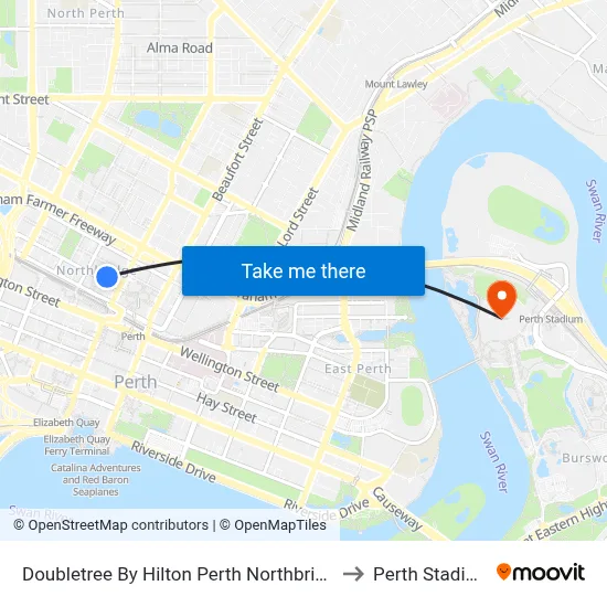 Doubletree By Hilton Perth Northbridge to Perth Stadium map