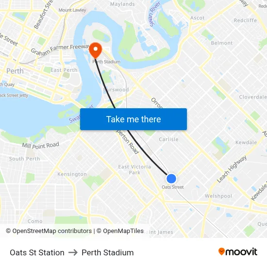 Oats St Station to Perth Stadium map