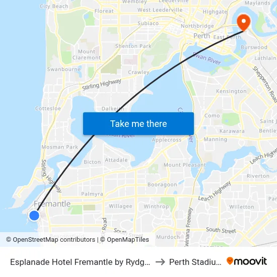 Esplanade Hotel Fremantle by Rydges to Perth Stadium map