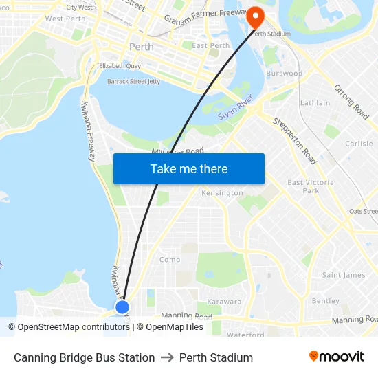 Canning Bridge Bus Station to Perth Stadium map