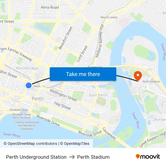 Perth Underground Station to Perth Stadium map