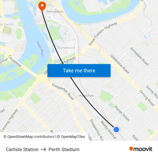 Carlisle Station to Perth Stadium map
