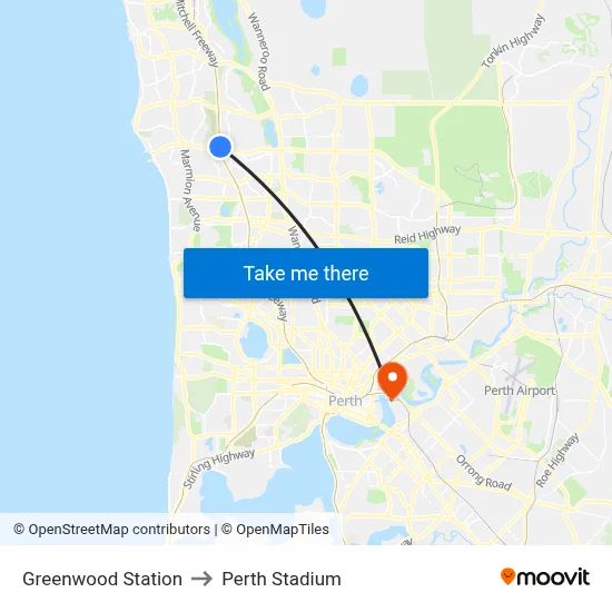Greenwood Station to Perth Stadium map