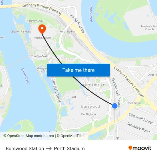 Burswood Station to Perth Stadium map