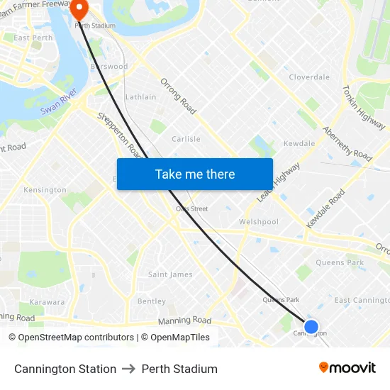 Cannington Station to Perth Stadium map