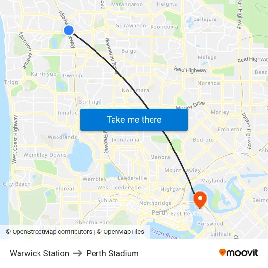 Warwick Station to Perth Stadium map