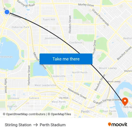 Stirling Station to Perth Stadium map